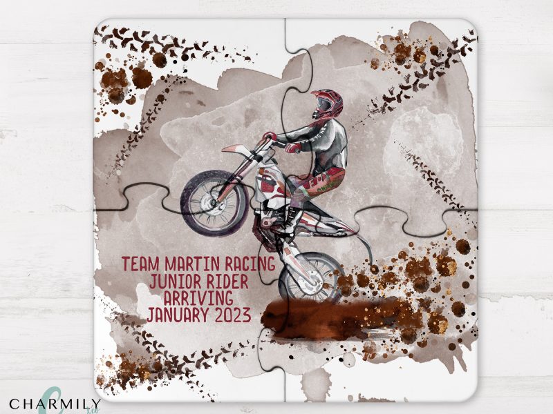 Dirtbike Madness Baby Announcement | 4 Piece Wood Puzzle | Pregnancy Announcement | Personalise | Coaster Puzzle | Daddy | Sibling | Grandparent