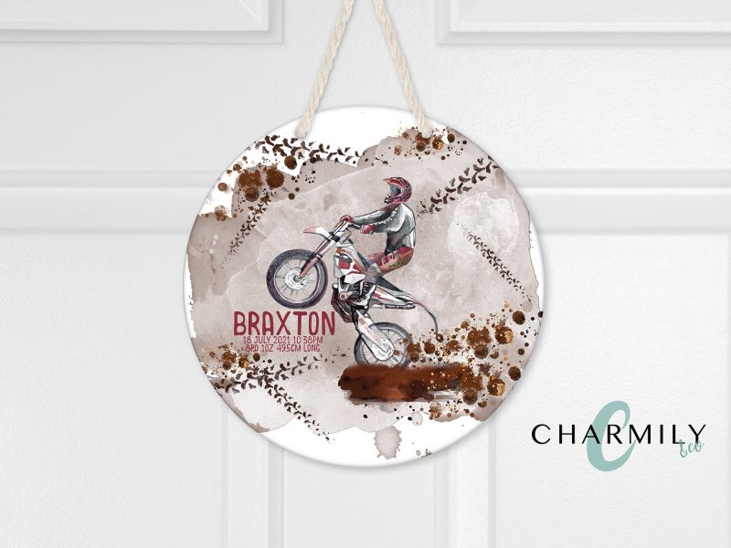 Dirtbike Madness Round Wooden Wall Hanging | Wall Art | Birth Details | Personalised