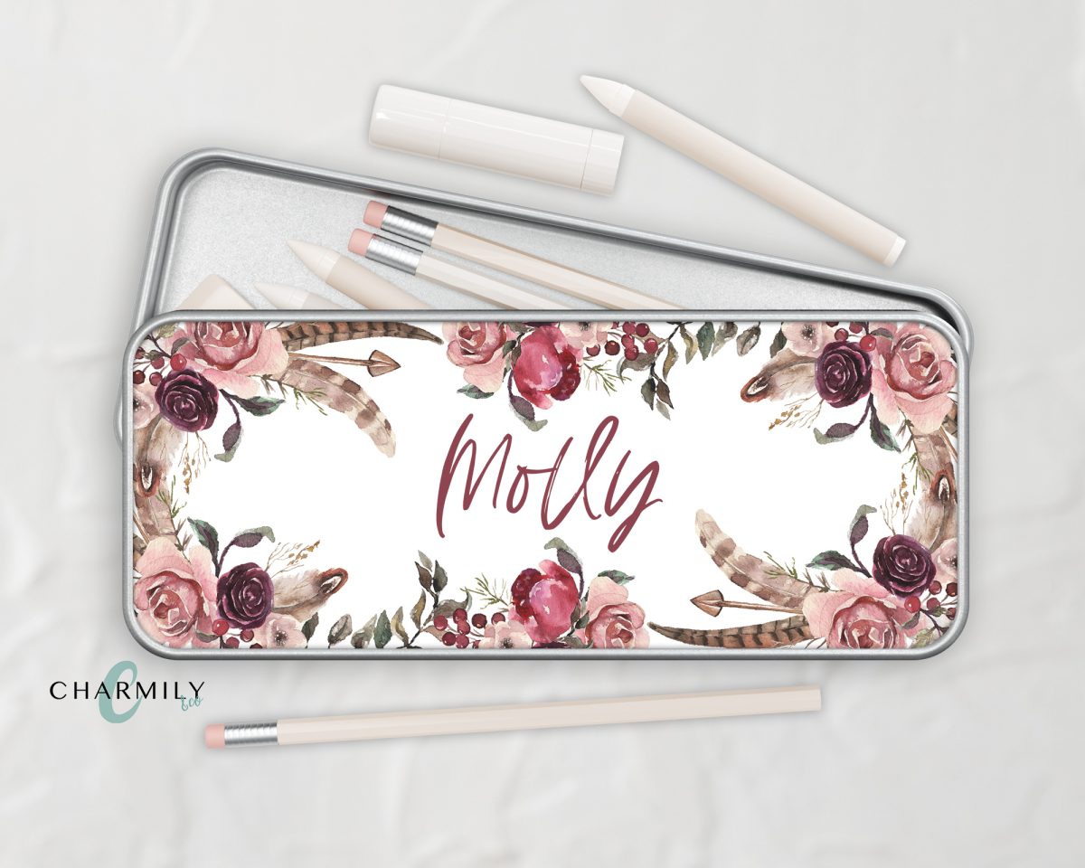 Bohemian Flowers Metal Tin | Metal Pencil Tin | Rectangle Metal Storage Box | Personalised & Non-Personalised | Stationary