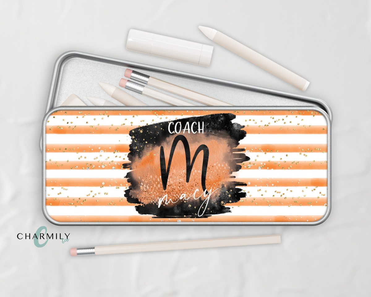 Orange and Black Metal Tin | Metal Pencil Tin | Rectangle Metal Storage Box | Personalised | Monogram | Office Stationary | Desk - Image 3