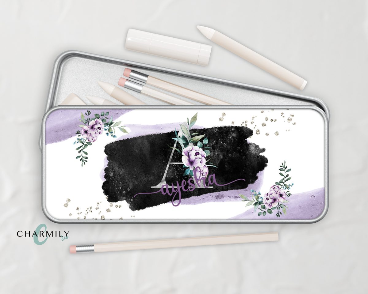 Purple Peony Metal Tin | Metal Pencil Tin | Rectangle Metal Storage Box | Personalised & Non-Personalised |