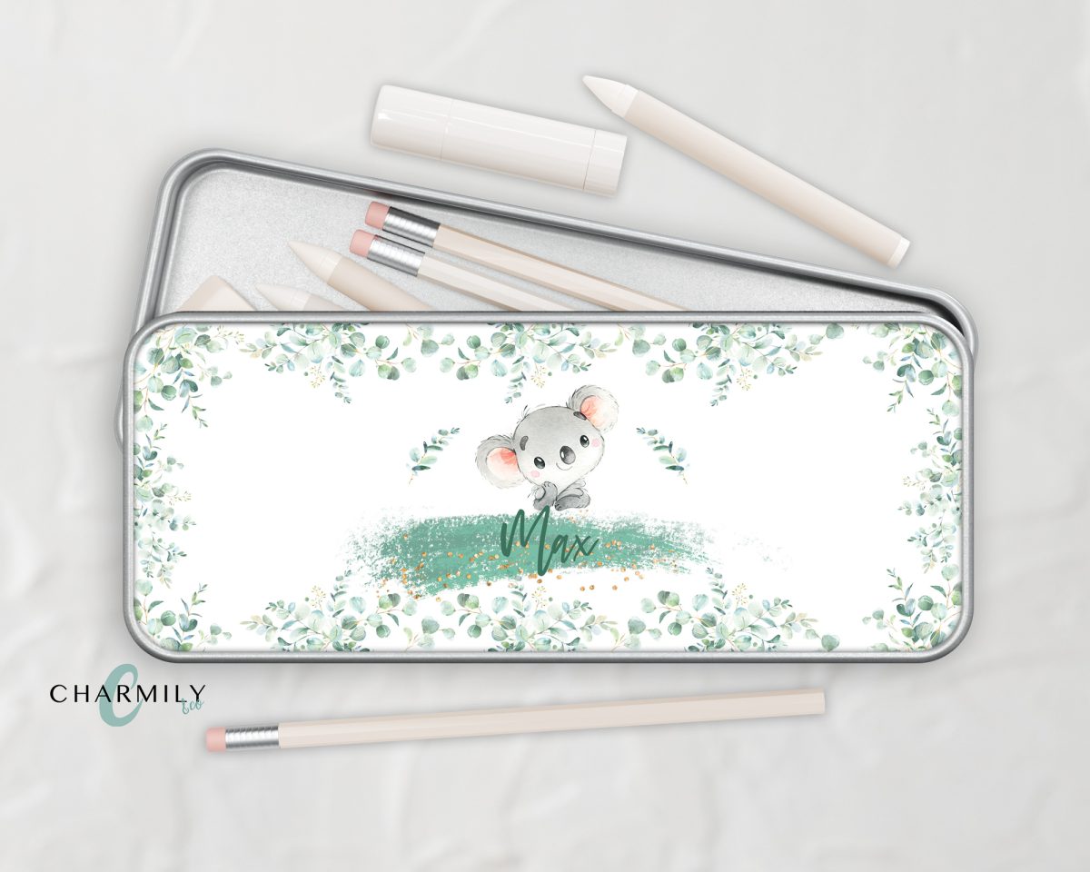 Eucalyptus Koala Metal Tin | Metal Pencil Tin | Rectangle Metal Storage Box | Personalised | Non-Personalised - Image 3