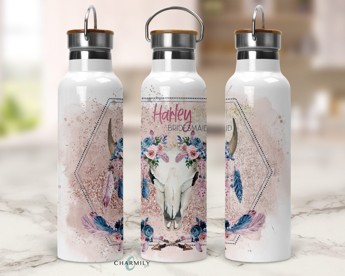 Floral Wild Boho Skull Bamboo Lid Waterbottle | Bridal Party | Personalised & Non-Personalised | Wedding Day Gift | Insulated Wedding Drink Bottle - Image 2